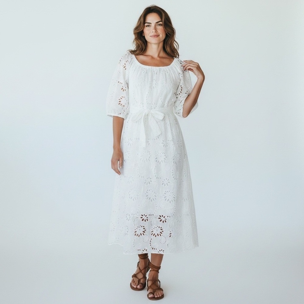 BOSS Dolara Crisp White Cotton Floral Eyelet Belt Midi Dress Slip Lining Size 0